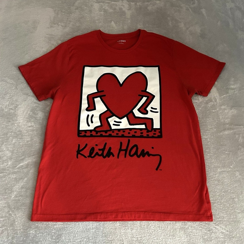 Keith Haring Old Navy Tshirt Mens L Red Walking Heart Retro 80s Art 806287-00